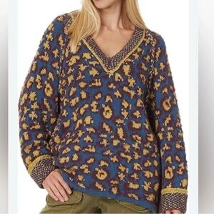 Free People Blue and Yellow Patterned Sweater